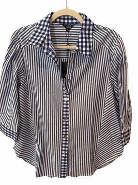 Lior Paris Blue White Striped Gingham Button Down Shirt Small NWT